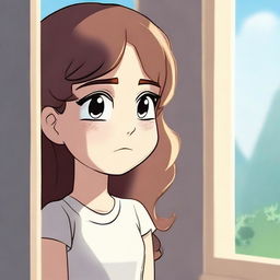 A very pretty cartoon girl crying and looking out of a really nice window