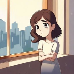 A very pretty cartoon girl crying and looking out of a really nice window