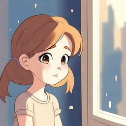 A very pretty cartoon girl crying and looking out of a really nice window