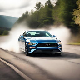 A powerful Ford Mustang drifting along a winding road, creating smoke and tire marks