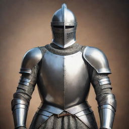 A realistic depiction of a knight dressed in shining medieval armor standing proud