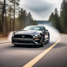 A powerful Ford Mustang drifting along a winding road, creating smoke and tire marks