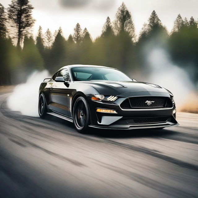 A powerful Ford Mustang drifting along a winding road, creating smoke and tire marks