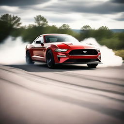 A powerful Ford Mustang drifting along a winding road, creating smoke and tire marks