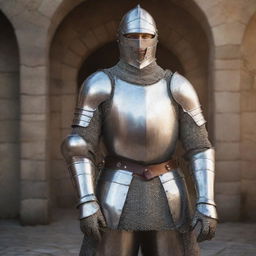 A realistic depiction of a knight dressed in shining medieval armor standing proud