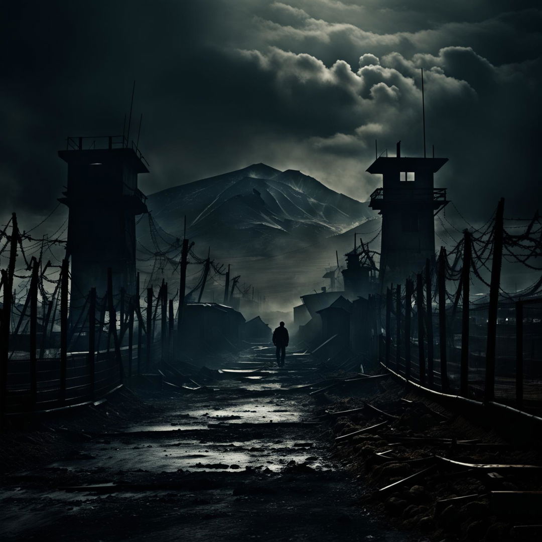 Create a dark and haunting image of a border crossing in Communist Romania, featuring a barbed wire fence, heavily guarded checkpoint, and a somber, oppressive atmosphere