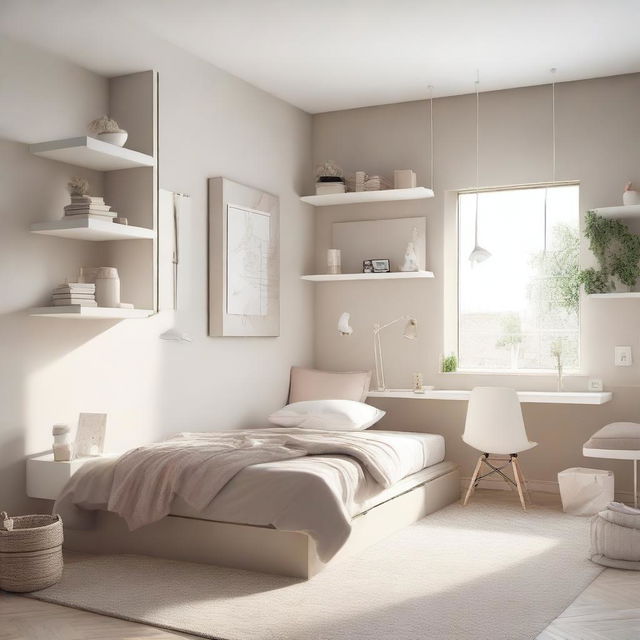 A teenage girl's bedroom featuring aerial furniture in white and beige tones