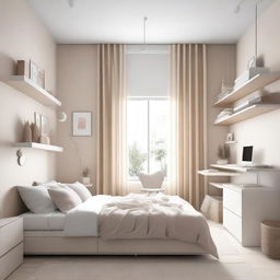 A teenage girl's bedroom featuring aerial furniture in white and beige tones