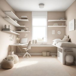 A teenage girl's bedroom featuring aerial furniture in white and beige tones