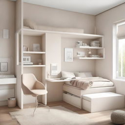 A teenage girl's bedroom featuring aerial furniture in white and beige tones