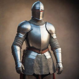 A realistic depiction of a knight dressed in shining medieval armor standing proud