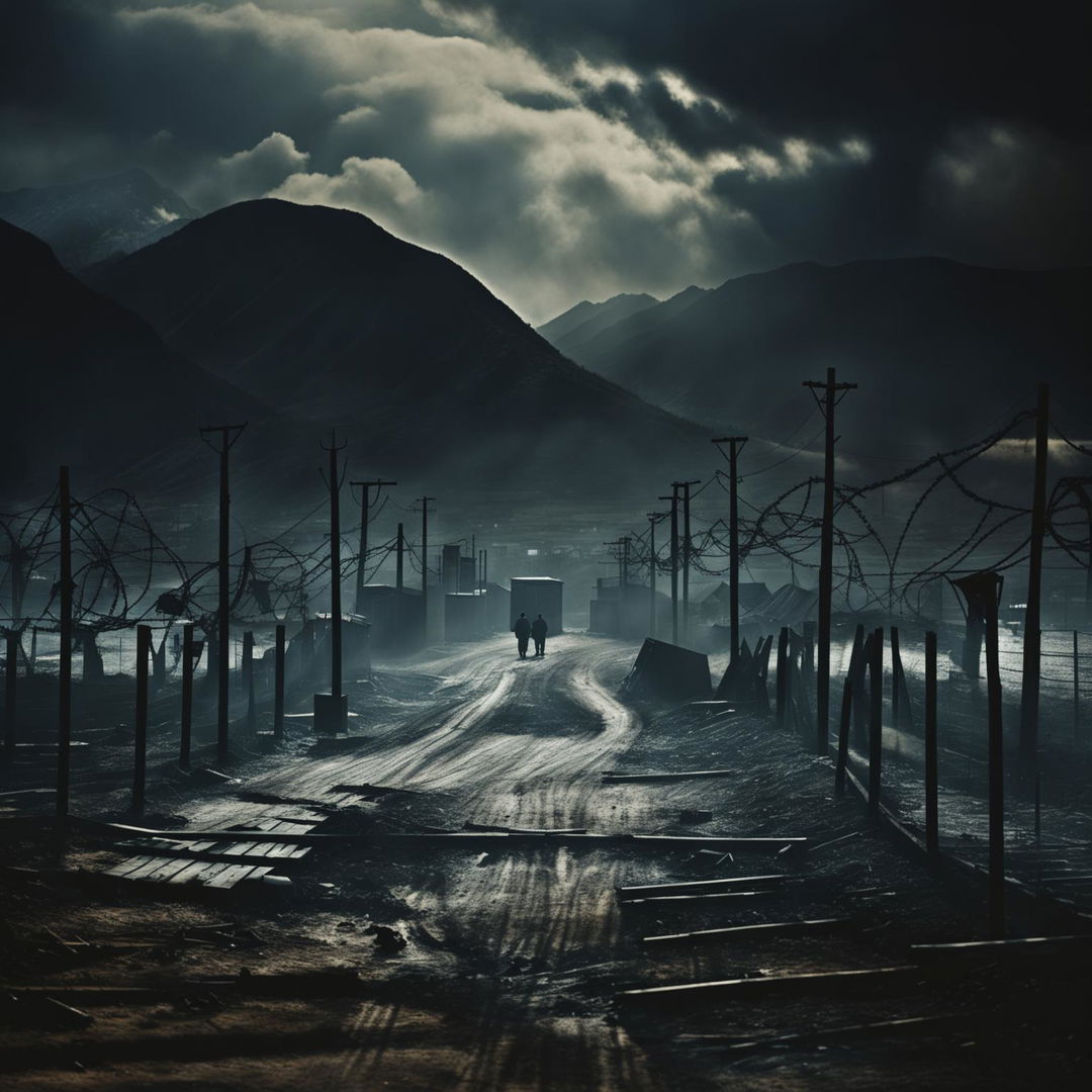 Create an image of a border crossing in Communist Romania, featuring a barbed wire fence, heavily guarded checkpoint, and a somber, oppressive atmosphere