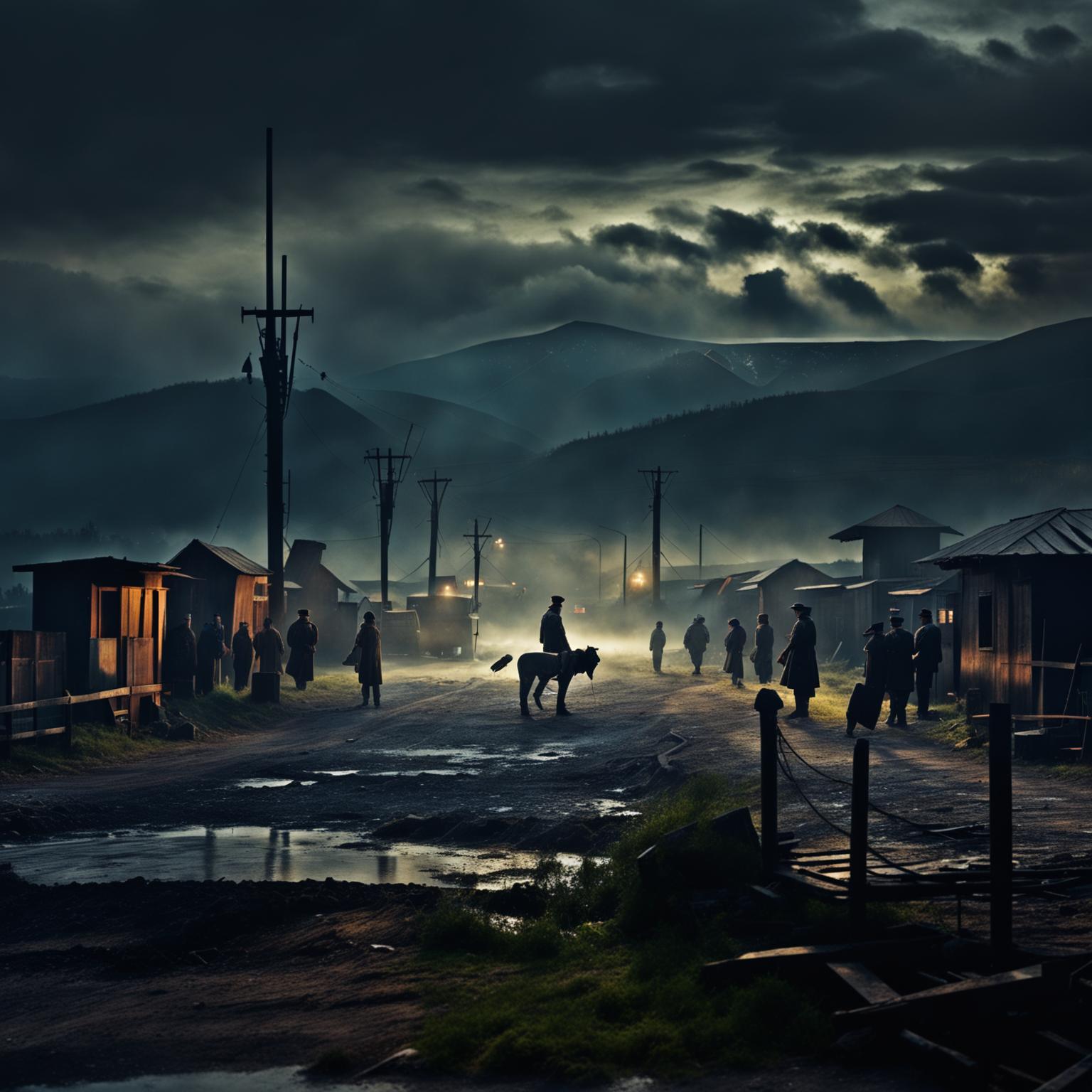 Create an evocative image of a border crossing in Communist Romania, featuring a barbed wire fence, guard towers, a checkpoint, and a desolate landscape with a tense and atmospheric scene