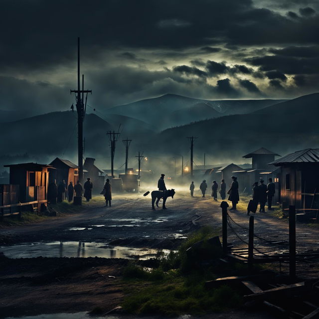 Create an evocative image of a border crossing in Communist Romania, featuring a barbed wire fence, guard towers, a checkpoint, and a desolate landscape with a tense and atmospheric scene