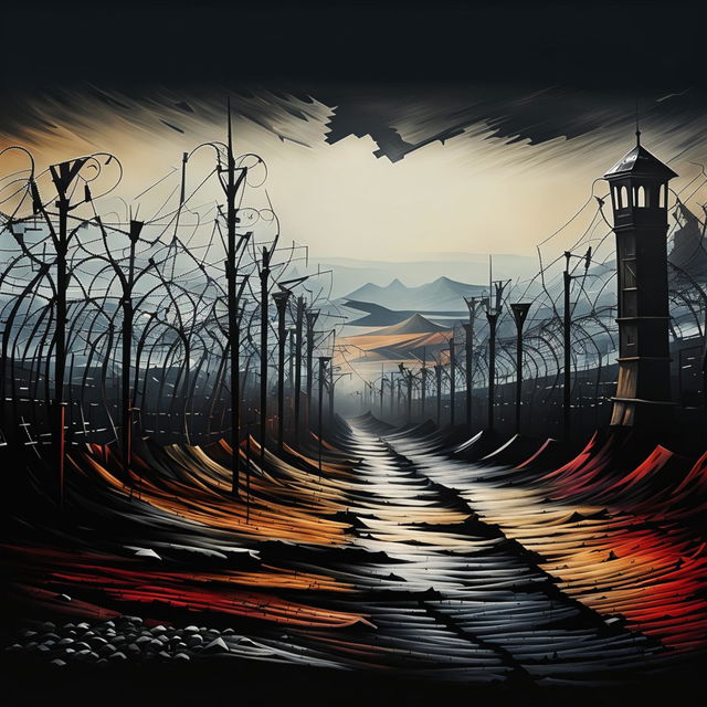 Create an abstract image of the Communist Romanian border, featuring a barbed wire fence, guard towers, and a fragmented landscape with a striking and surreal atmosphere