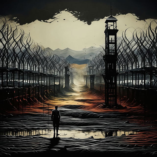 Create an abstract image of the Communist Romanian border, symbolizing sorrow and oppression with a barbed wire fence, guard towers, and a fragmented landscape in a somber, surreal atmosphere