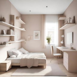 A teenage girl's bedroom featuring aerial furniture in white and beige tones