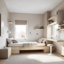 A teenage girl's bedroom featuring aerial furniture in white and beige tones