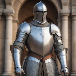 A realistic depiction of a knight dressed in shining medieval armor standing proud