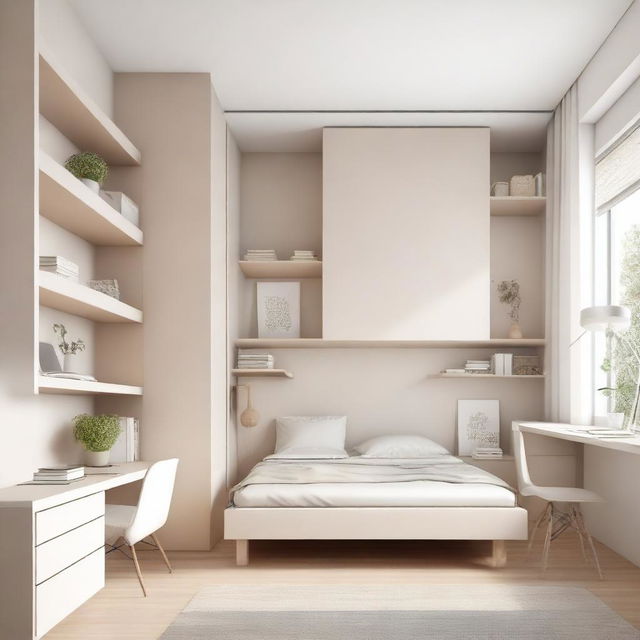 A teenage girl's bedroom featuring aerial furniture in white and beige tones