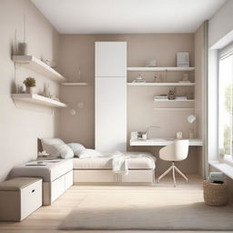 A teenage girl's bedroom featuring aerial furniture in white and beige tones