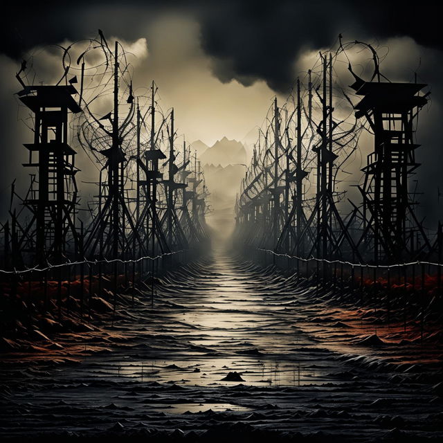 Create an abstract image of the Communist Romanian border, symbolizing sorrow and oppression with a barbed wire fence, guard towers, and a fragmented landscape in a somber, surreal atmosphere