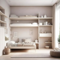 A modern teenage girl's bedroom featuring aerial furniture in white and beige tones