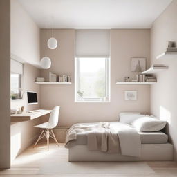 A modern teenage girl's bedroom featuring aerial furniture in white and beige tones