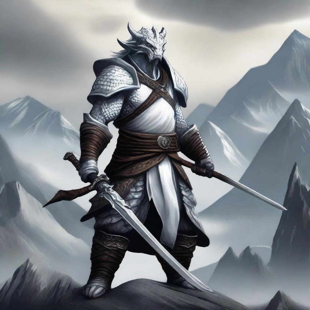 A white dragonborn warrior standing tall, wielding two katanas