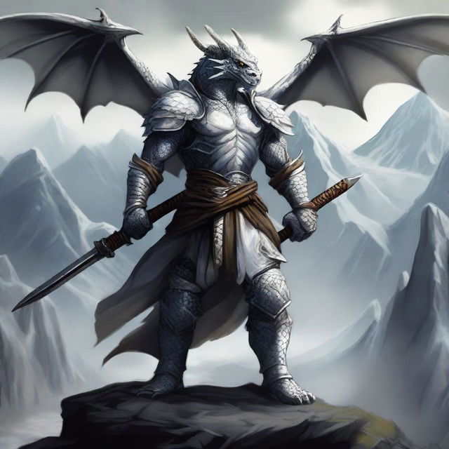 A white dragonborn warrior standing tall, wielding two katanas