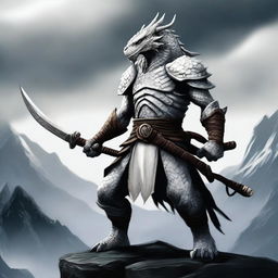 A white dragonborn warrior standing tall, wielding two katanas