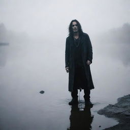 A rock frontman in dark and grungy attire, performing intensely on a foggy lake shore, with a haunting phantom theme.