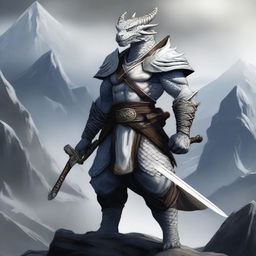 A white dragonborn warrior standing tall, wielding two katanas