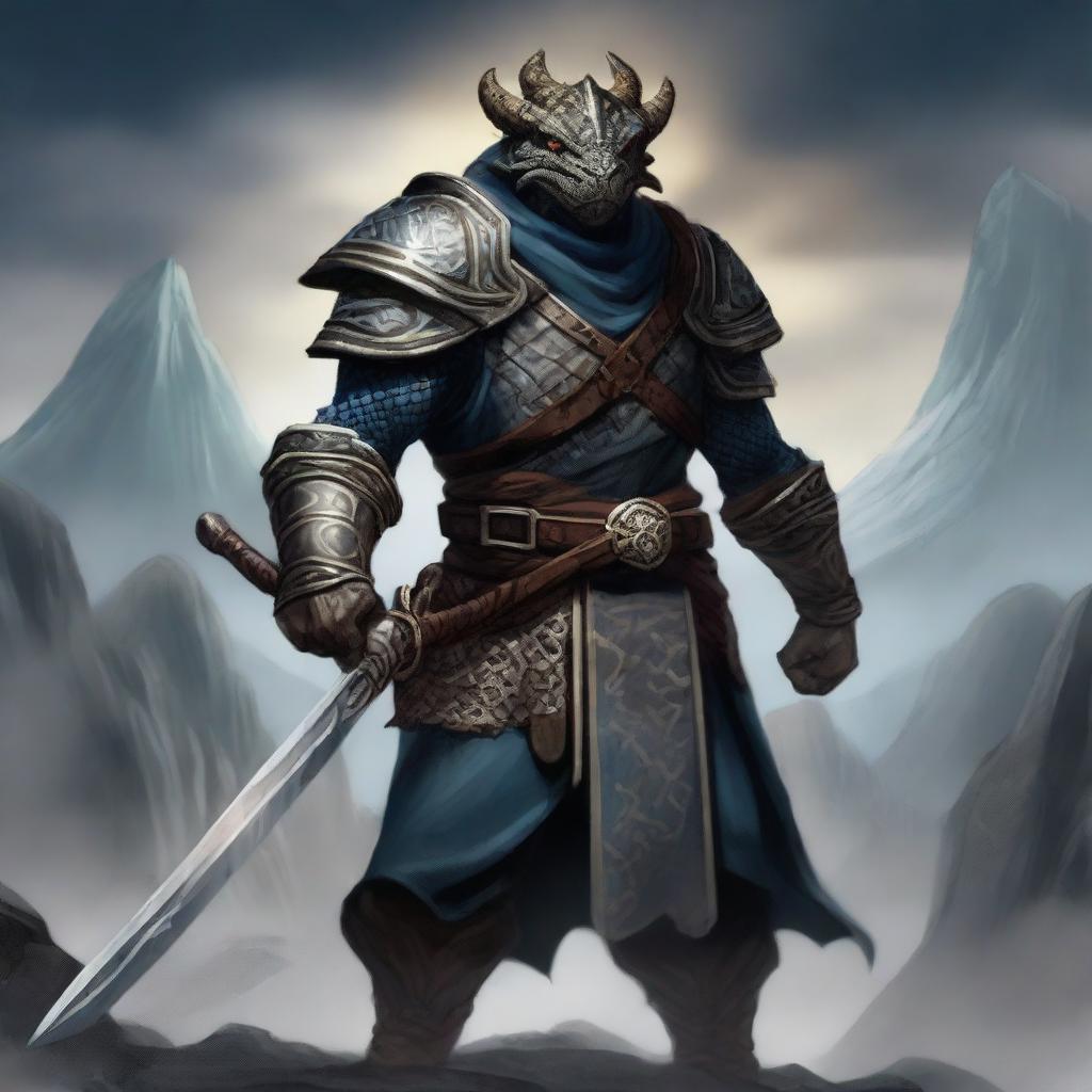 A dragonborn character from Baldur's Gate, standing tall and wielding two katanas