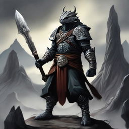 A dragonborn character from Baldur's Gate, standing tall and wielding two katanas