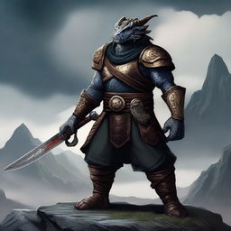 A dragonborn character from Baldur's Gate, standing tall and wielding two katanas