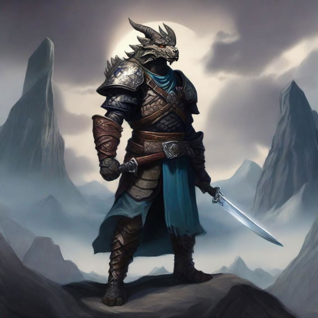 A dragonborn character from Baldur's Gate, standing tall and wielding two katanas