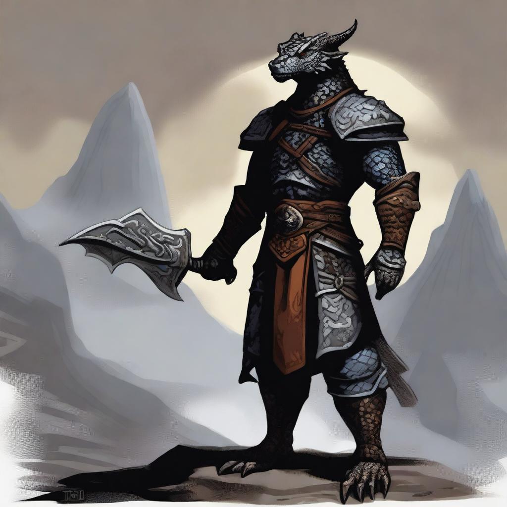 A dragonborn character from Baldur's Gate, standing tall with intricate scales and a fierce, determined expression