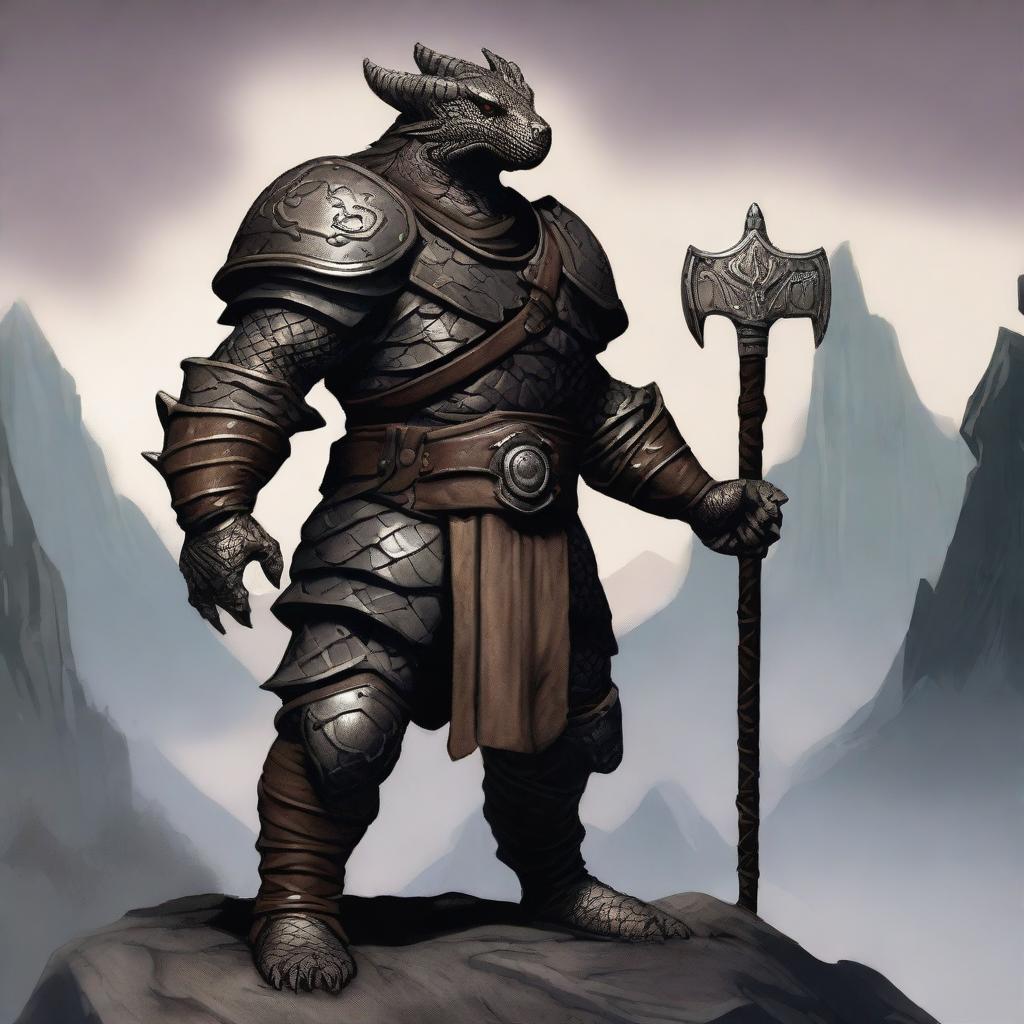 A dragonborn character from Baldur's Gate, standing tall with intricate scales and a fierce, determined expression