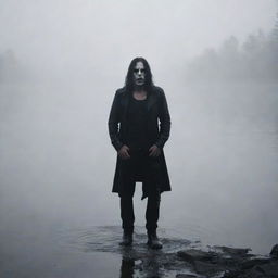 A rock frontman in dark and grungy attire, performing intensely on a foggy lake shore, with a haunting phantom theme.