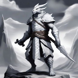 A white chromatic dragonborn character from Baldur's Gate, standing tall with shimmering white scales and a fierce, determined expression