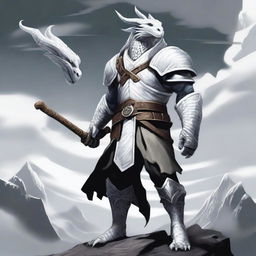 A white chromatic dragonborn character from Baldur's Gate, standing tall with shimmering white scales and a fierce, determined expression