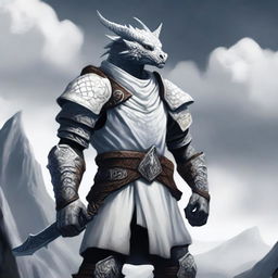 A white chromatic dragonborn character from Baldur's Gate, standing tall with shimmering white scales and a fierce, determined expression