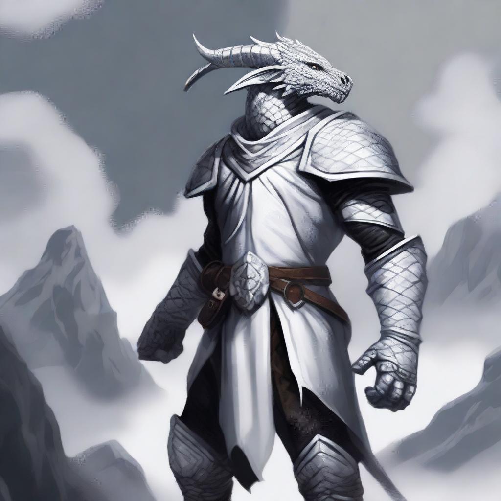 A white chromatic dragonborn character from Baldur's Gate, standing tall with shimmering white scales and a fierce, determined expression