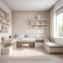 A modern teenage girl's bedroom featuring aerial furniture in white and beige tones