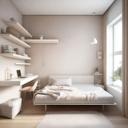 A modern teenage girl's bedroom featuring aerial furniture in white and beige tones