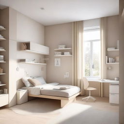 A modern teenage girl's bedroom featuring aerial furniture in white and beige tones