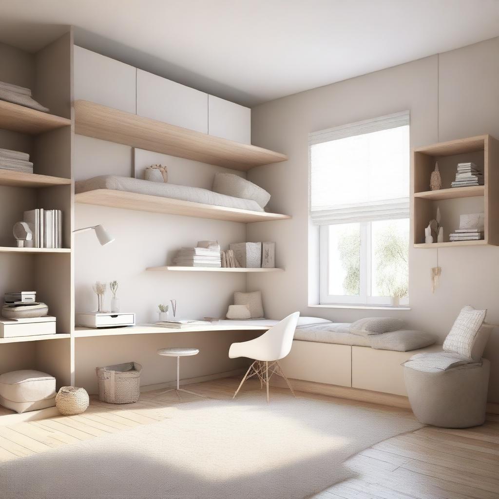 A modern teenage girl's bedroom featuring aerial furniture in white and beige tones