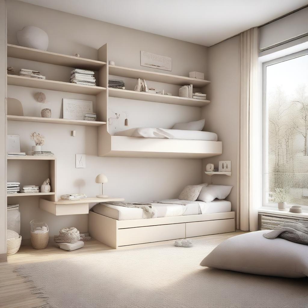 A modern teenage girl's bedroom featuring aerial furniture in white and beige tones