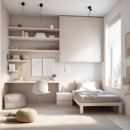 A modern teenage girl's bedroom featuring aerial furniture in white and beige tones